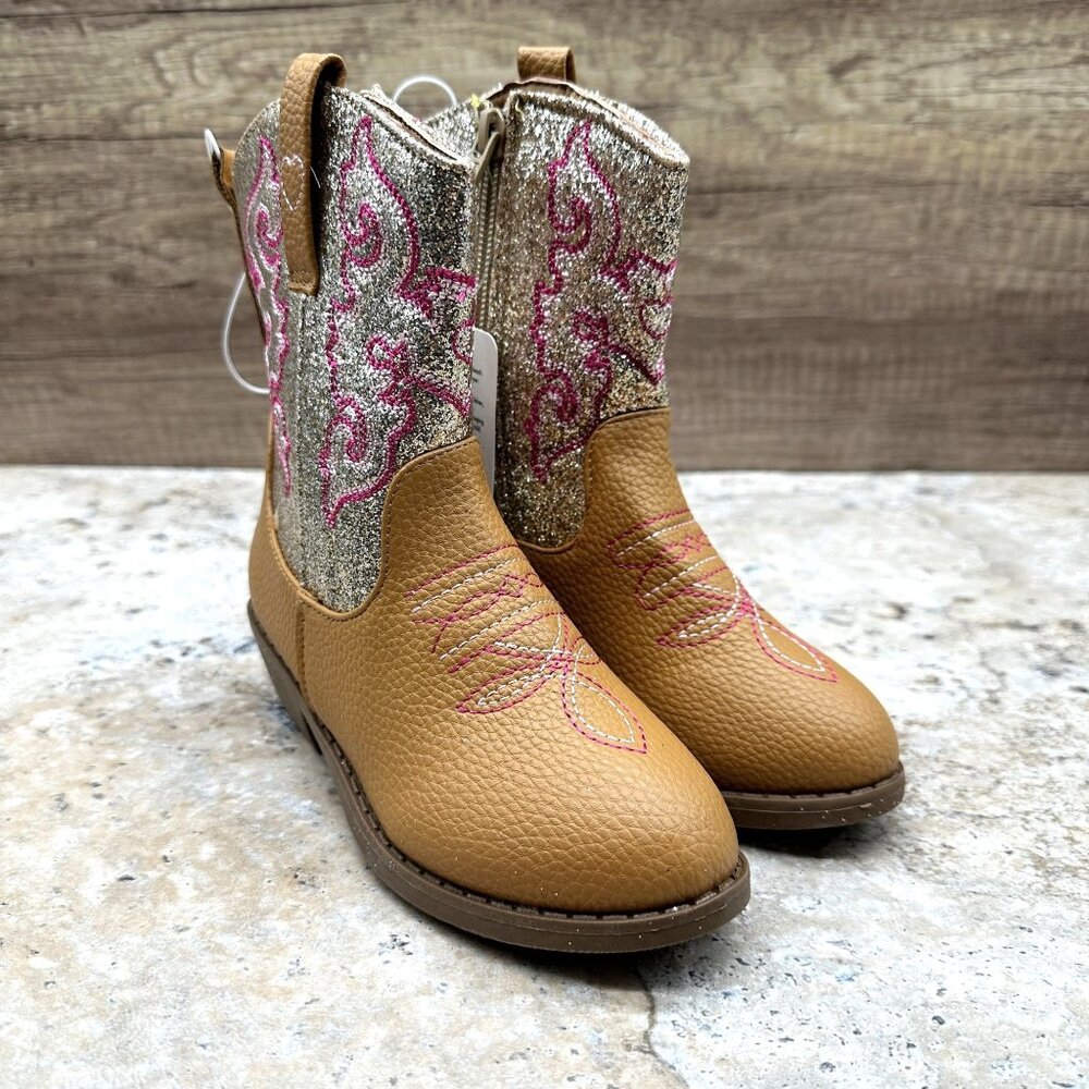 Pawz Girls Western Cowgirl Boots Size 12 Tan Glitter Pink Stitching Zip NWT
